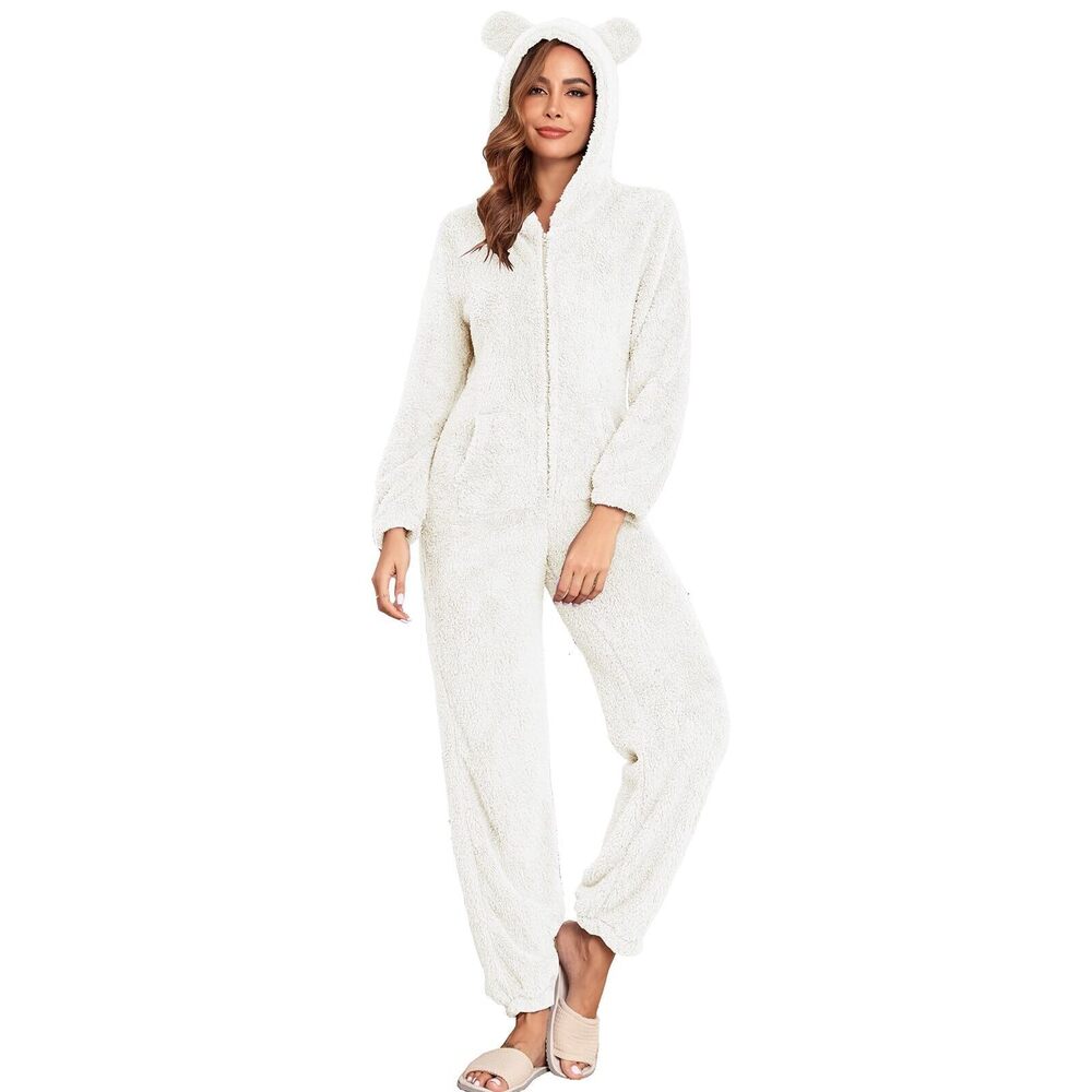 8690 Fleece Onesie Pajamas Fuzzy Sherpa Hooded Romper One Piece Winter